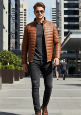 Siena – Classic Camel Leather Puffer Jacket for Men
